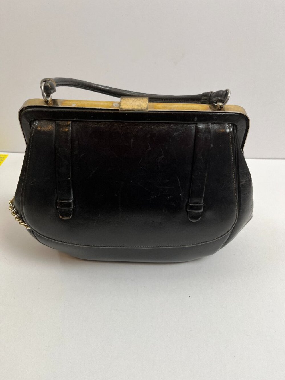 Vintage Black Leather Bag With Framed Top